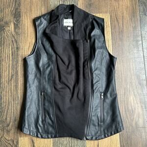 Olive & Oak Women’s Large Moto Vest Faux Leather Knit Panel Zip Black Sleeveless